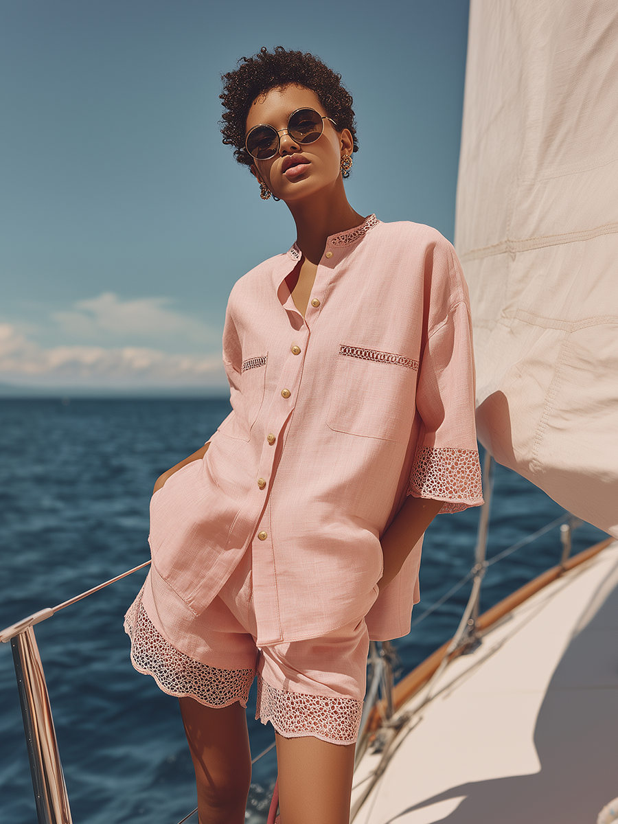 Casual Vacation Style Lace Trim Short-sleeved Cotton And Linen Shirt And Shorts Set