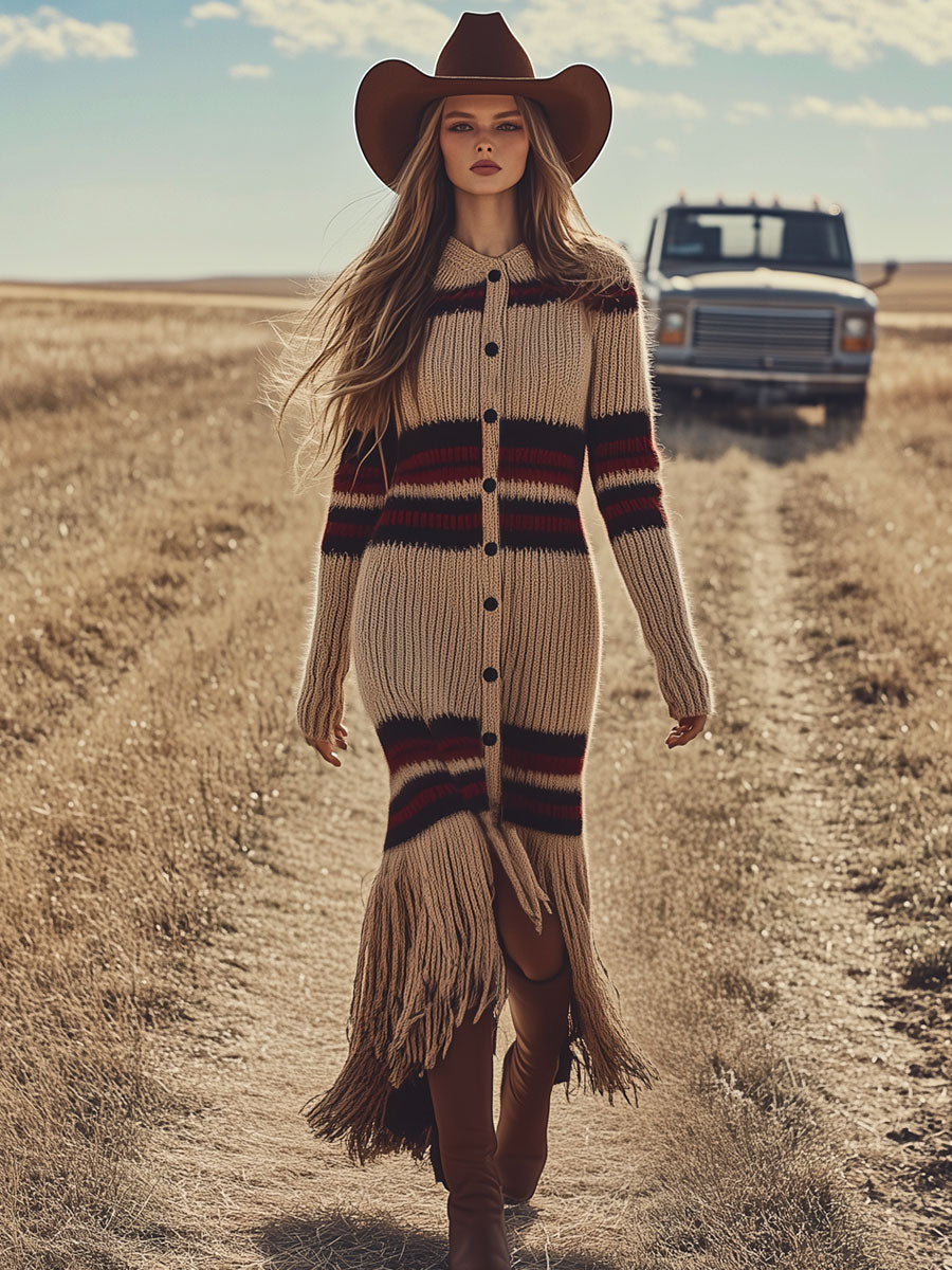 Retro Casual Earth Tone Striped Long Sleeve Tassel Cardigan Maxi Dress