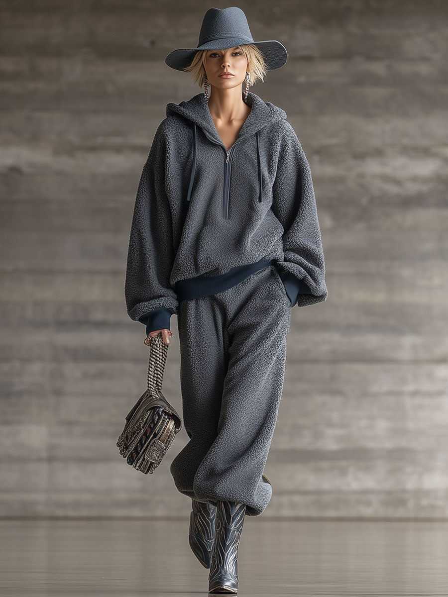 Retro Casual Gray Sports Half-Zip Polar Fleece Suit