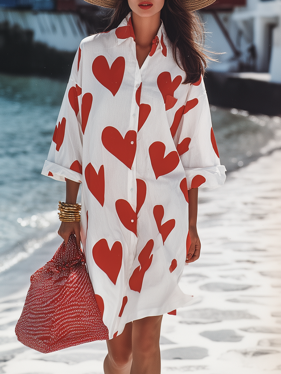 Casual Vacation Style Heart Print Long-sleeved Shirt Midi Dress