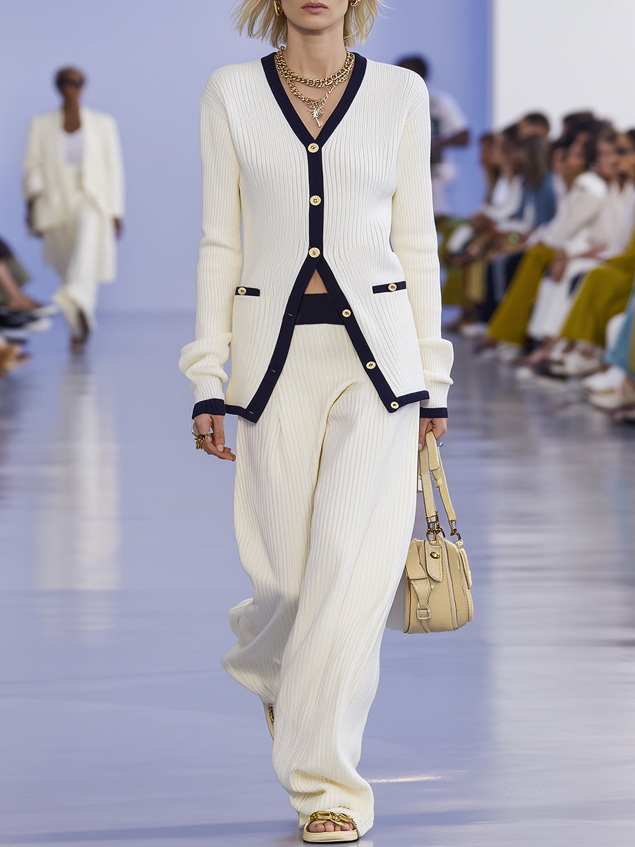 Elegant Nautical Style Navy Blue Trim Off-white Knitted Cardigan And Trousers Set