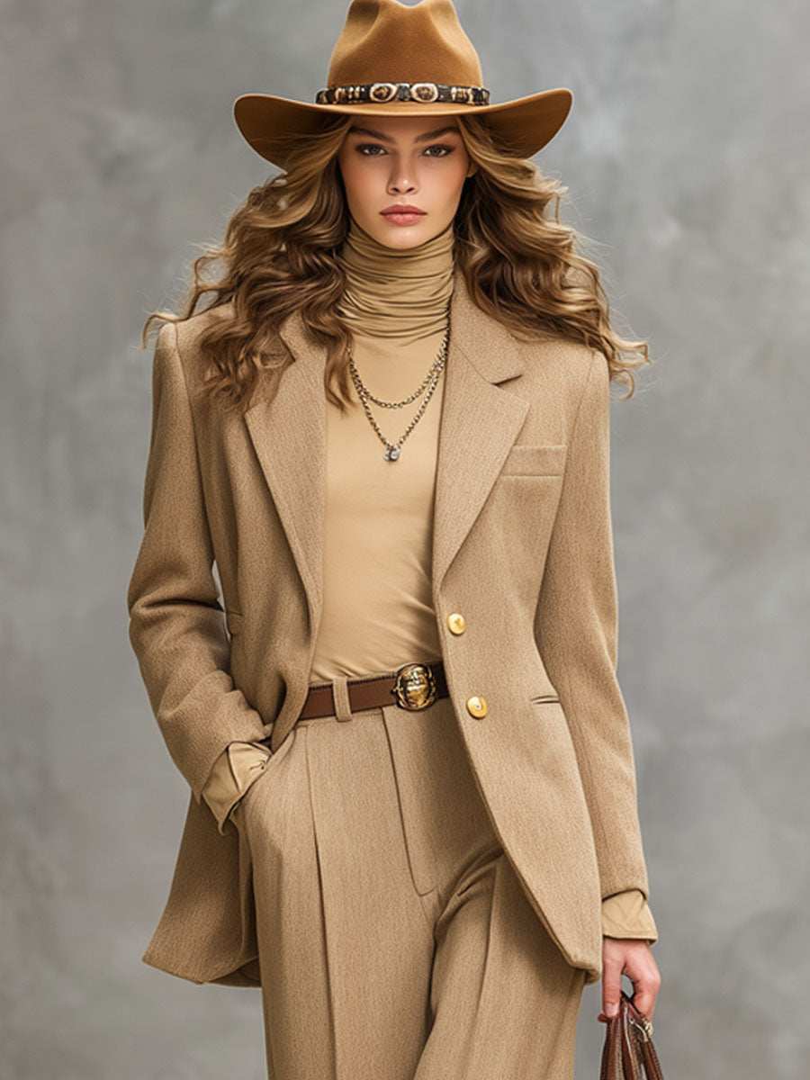 Loose Lapel Single-breasted Blazer And Trousers Woolen Set