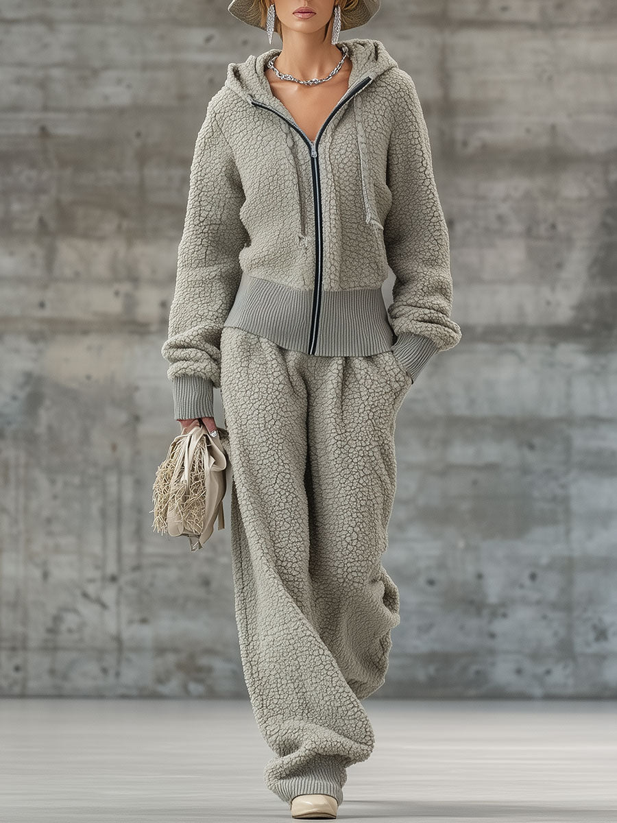 Retro Casual Gray Sports Half-Zip Polar Fleece Suit