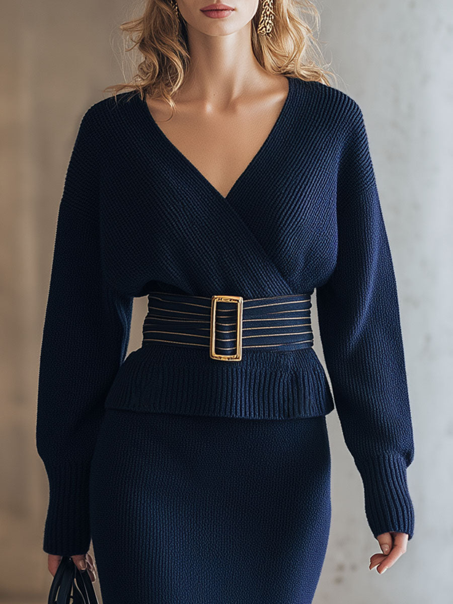 Simple Old Money Style Navy Blue Knitted V-neck Sweater Skirt Suit