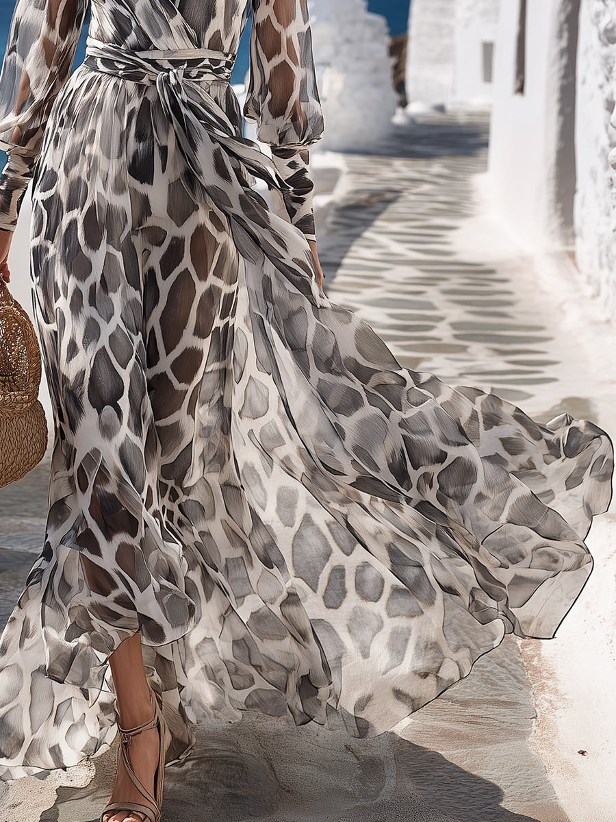 Stylish Vacation-inspired Printed Chiffon Maxi Dress