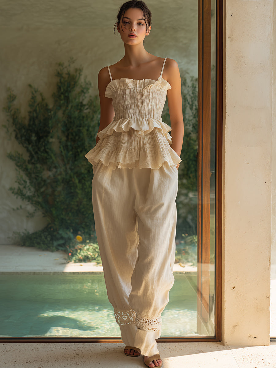 Italian Manor Off-White Cotton Linen Camisole Lace Harem Pants Set