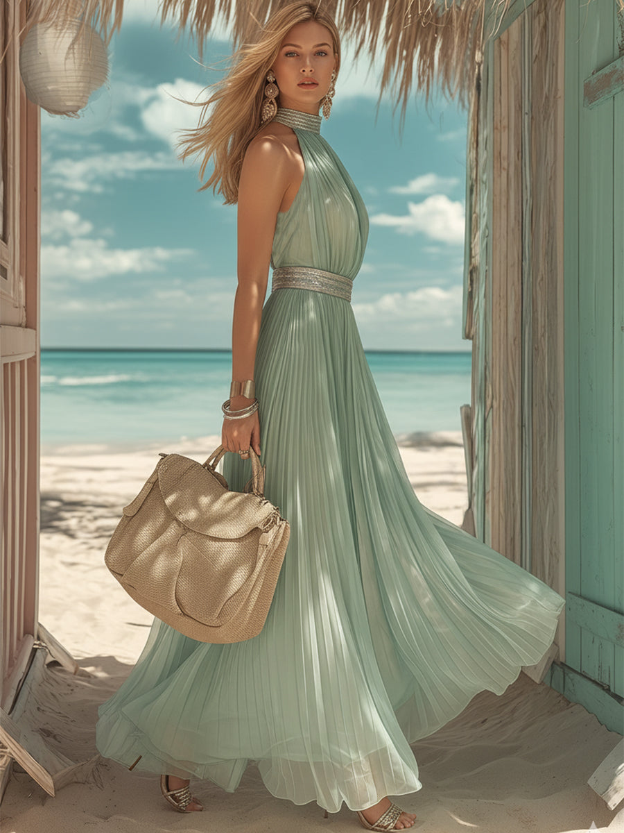 Luxury Resort Sage Green Pleated Chiffon Halter Neck Maxi Dress
