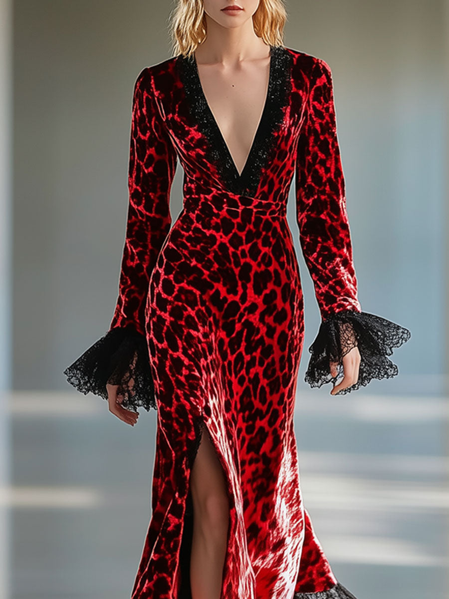 Vintage Velvet Red Leopard Print V-Neck Lace Slit Long Sleeve Maxi Dress