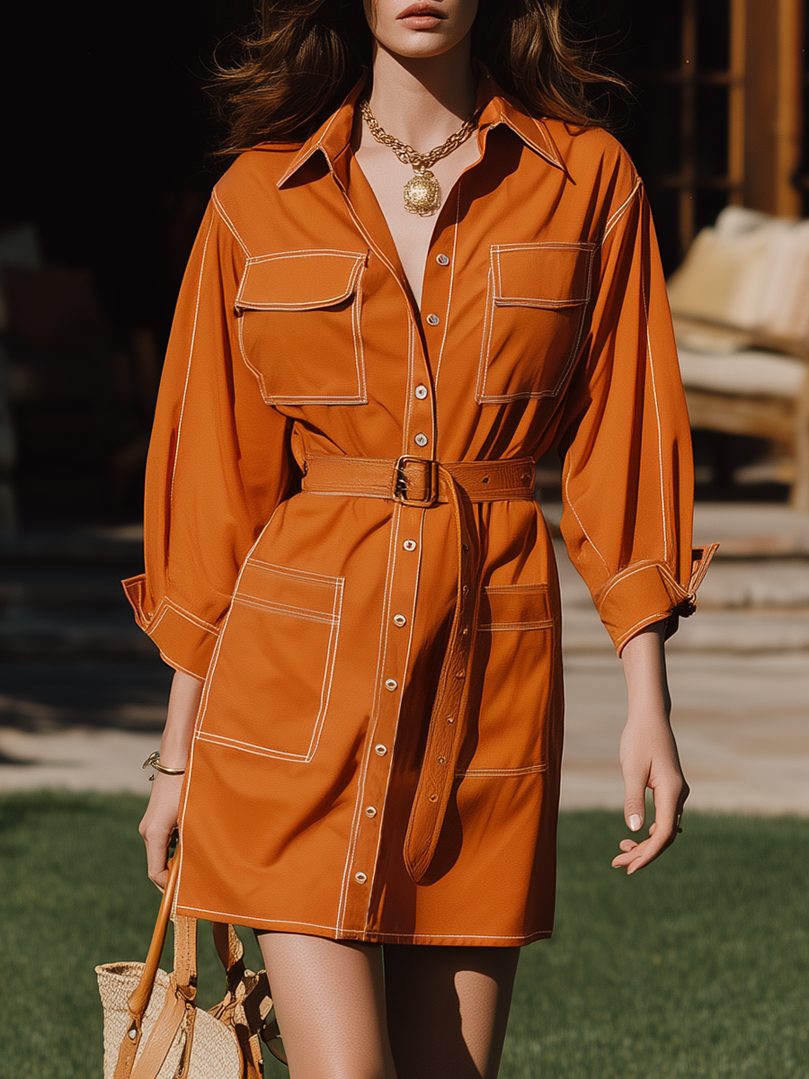 Vacation-style Shirt Collar Long-sleeved Mini Dress