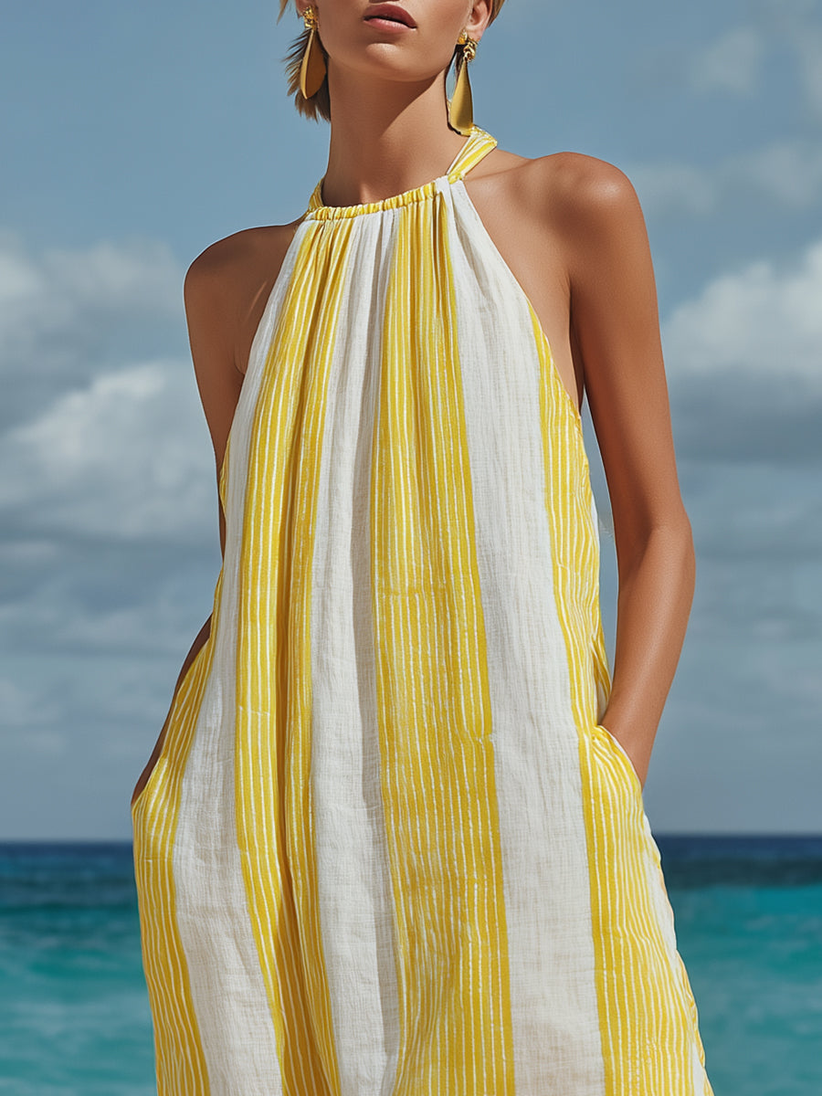 Lazy Vacation Yellow And White Striped Cotton And Linen Loose Halter Neck Sleeveless Maxi Dress