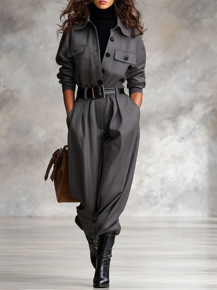 Lapel Multi-pocket Single-breasted Belted Woolen Jumpsuit