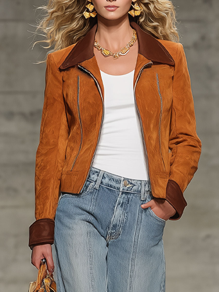 Fashionable And Casual Brown Faux Suede Lapel Long-Sleeved Jacket