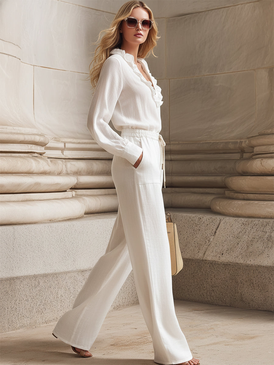 Stylish And Casual White Cotton-linen V-neck Ruffled Shirt And Trousers Set