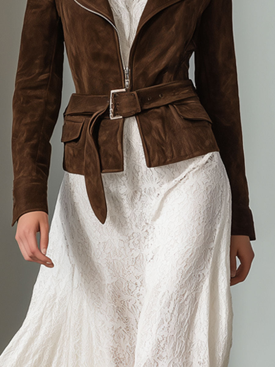 Vintage Brown Suede Lace-Up Zip-Up Jacket