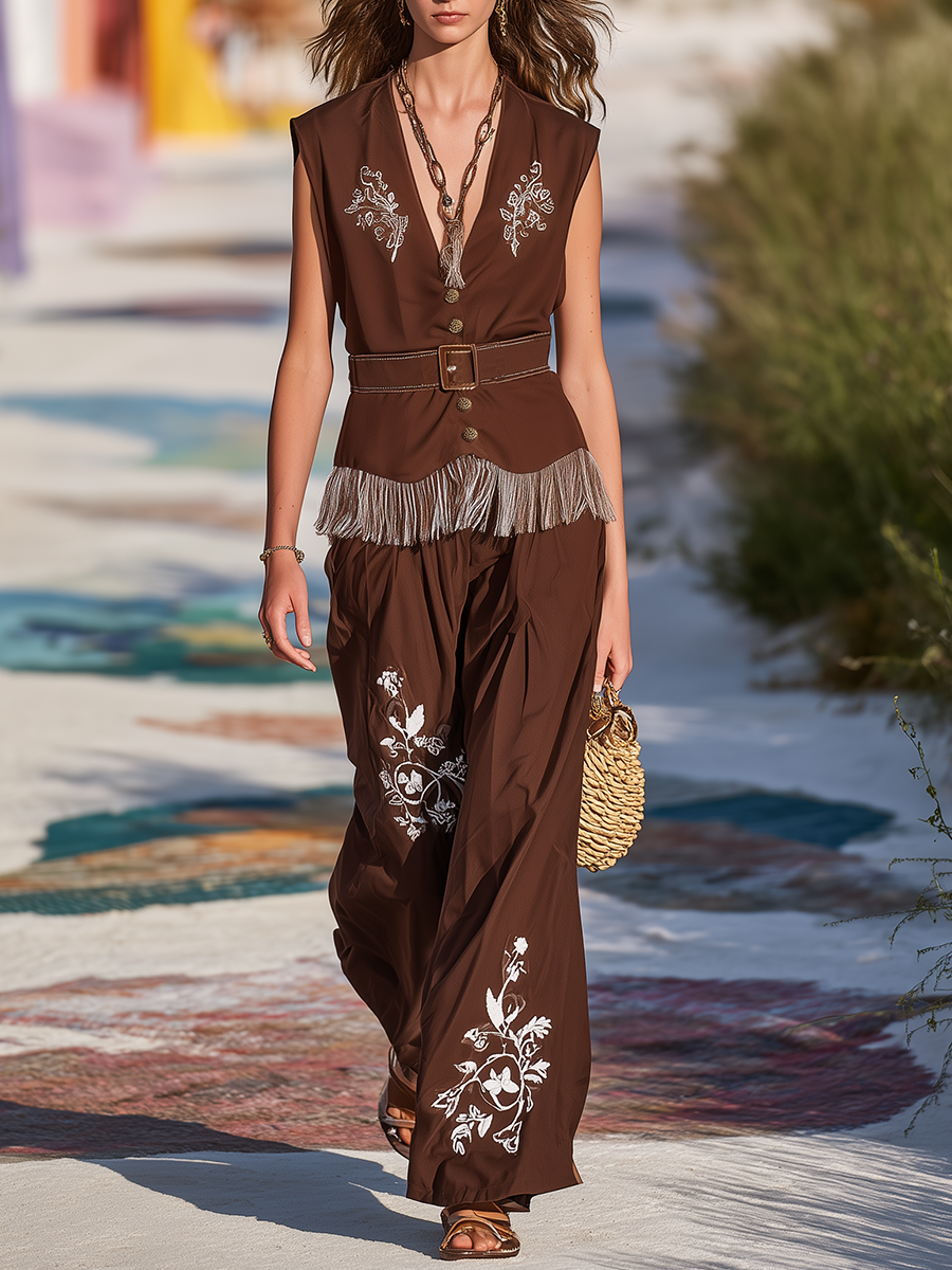 Bohemian Style V-neck Brown Embroidered Top And Trousers Set