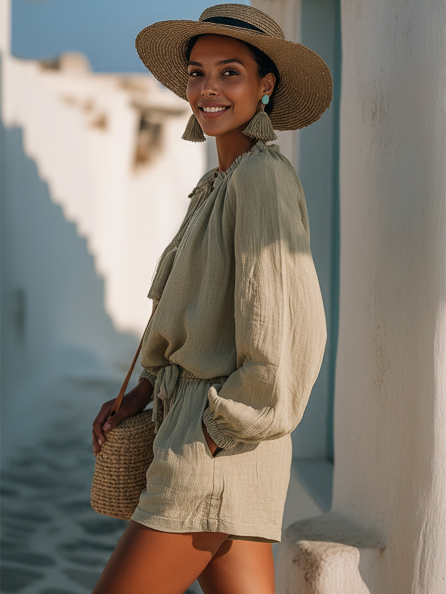 Bohemian Grey-green Cotton Linen Tie-up Tassel Lantern Sleeve Top And Shorts Set