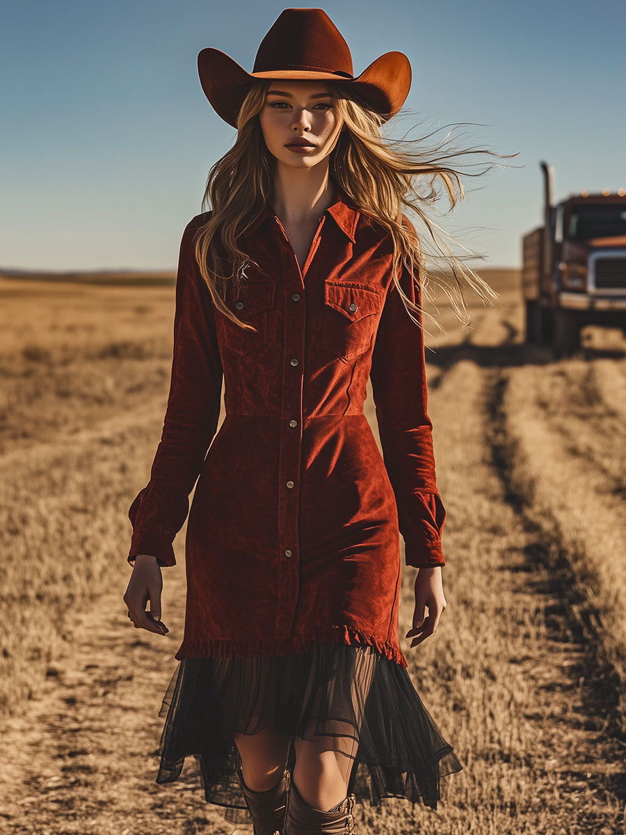 Western Vintage Long Sleeve Red Suede Ruffled Mesh Mini Dress
