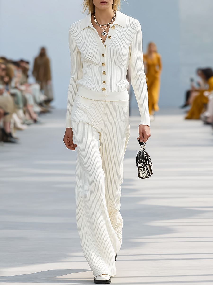 Simple Old Money Style Button Decoration Off-white Knitted Cardigan Trousers Set