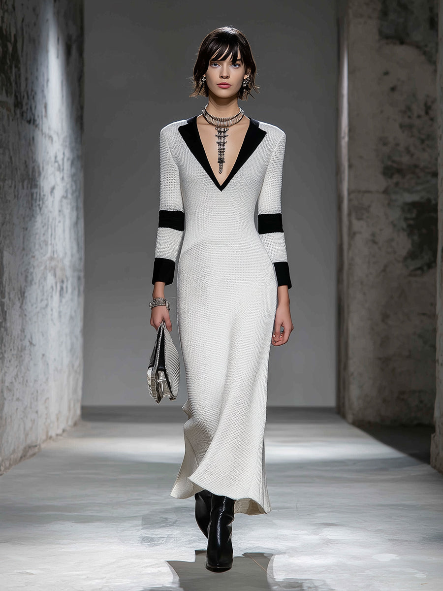White Spliced black V-neck High Elastic Knit Maxi Dress
