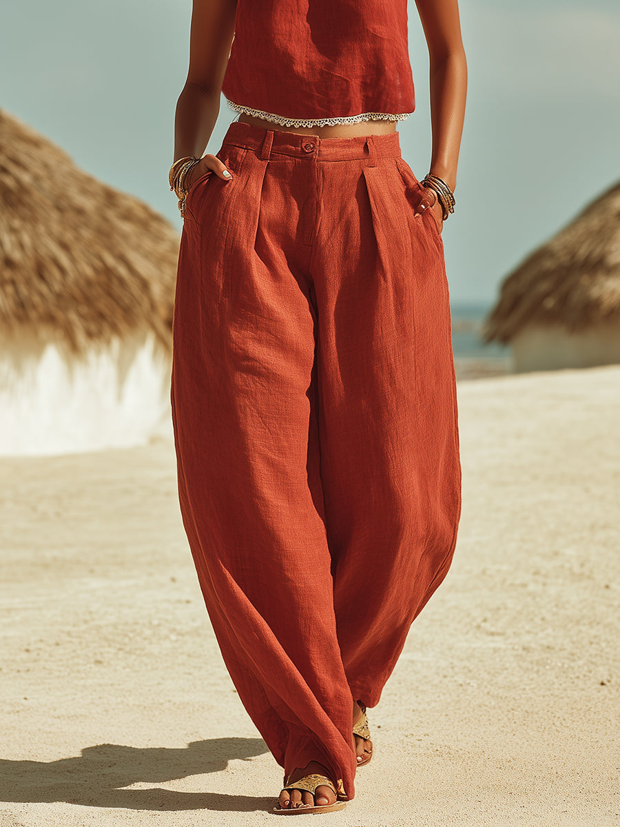 Casual Bohemian Lace Trim Red Cotton Linen High-Neck Sleeveless Top And Wide-Leg Pants Set