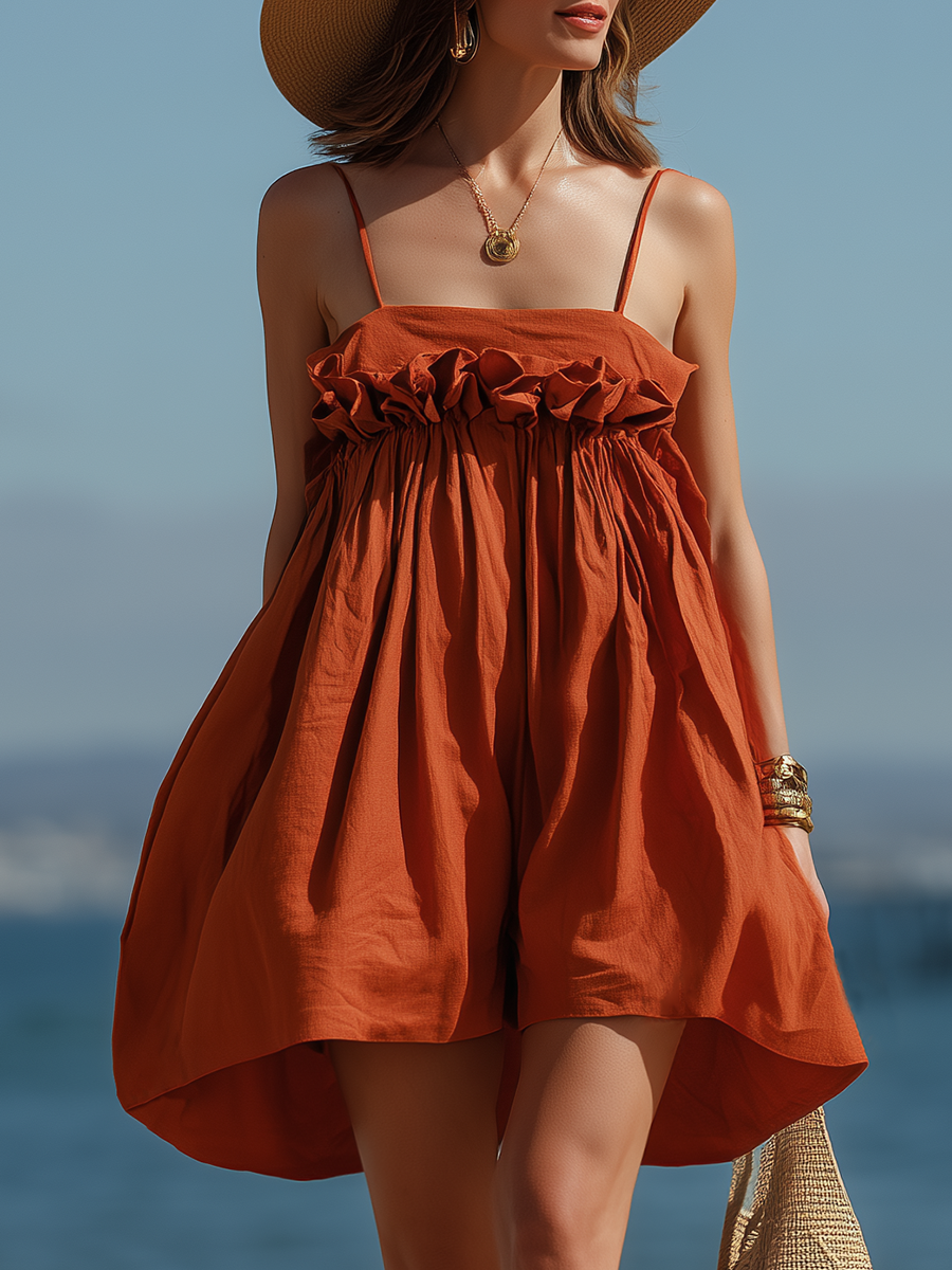 Casual Vacation Style Spaghetti Strap Ruffled Wide-leg Shorts Jumpsuit