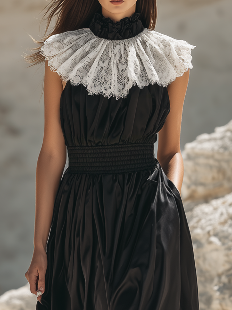 Elegant And Stylish White Lace-collared Black Satin Sleeveless Maxi Dress