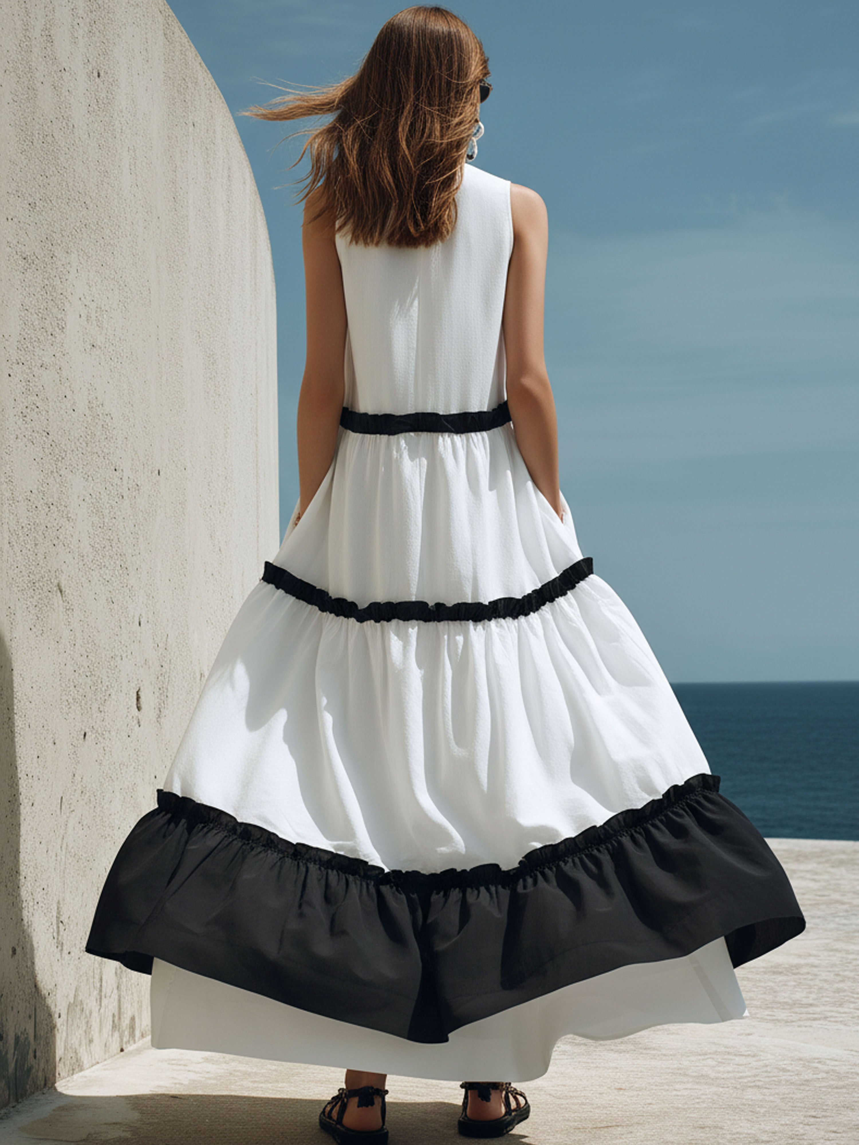 Elegant White Cotton-Linen Patchwork With Black Lace Trim Maxi Dress
