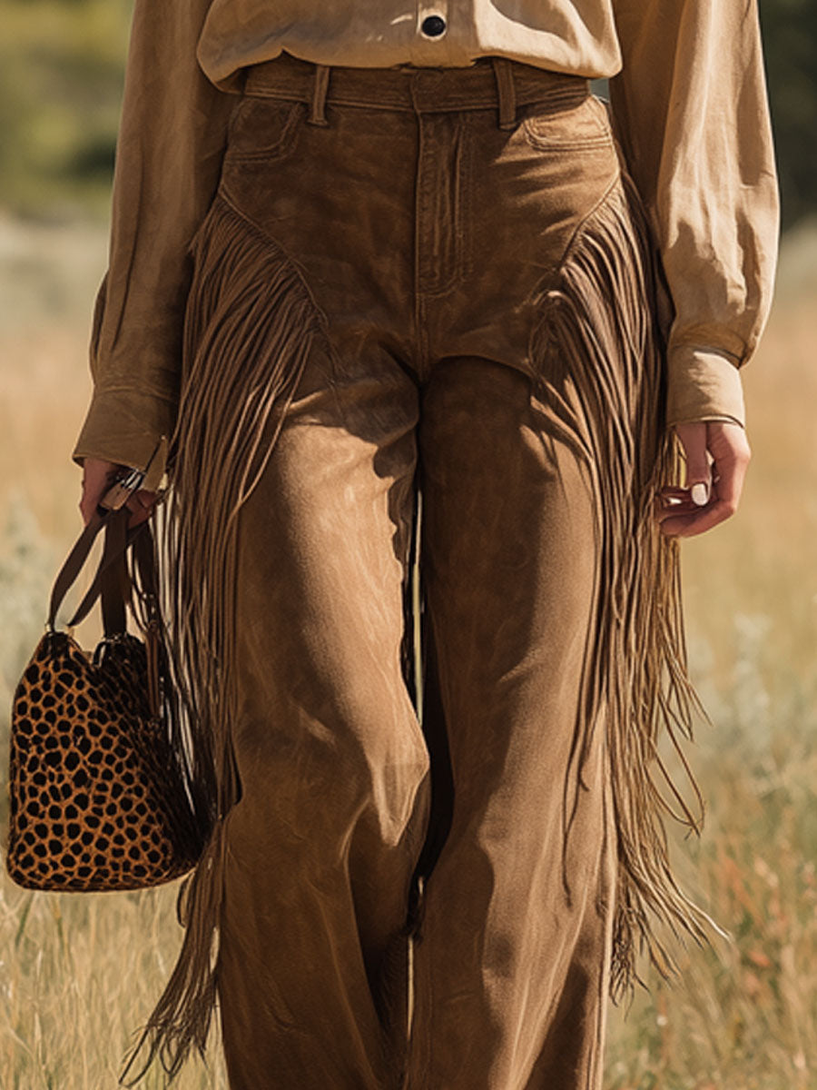 Western Vintage Tassel Camel Wide-Leg Jeans
