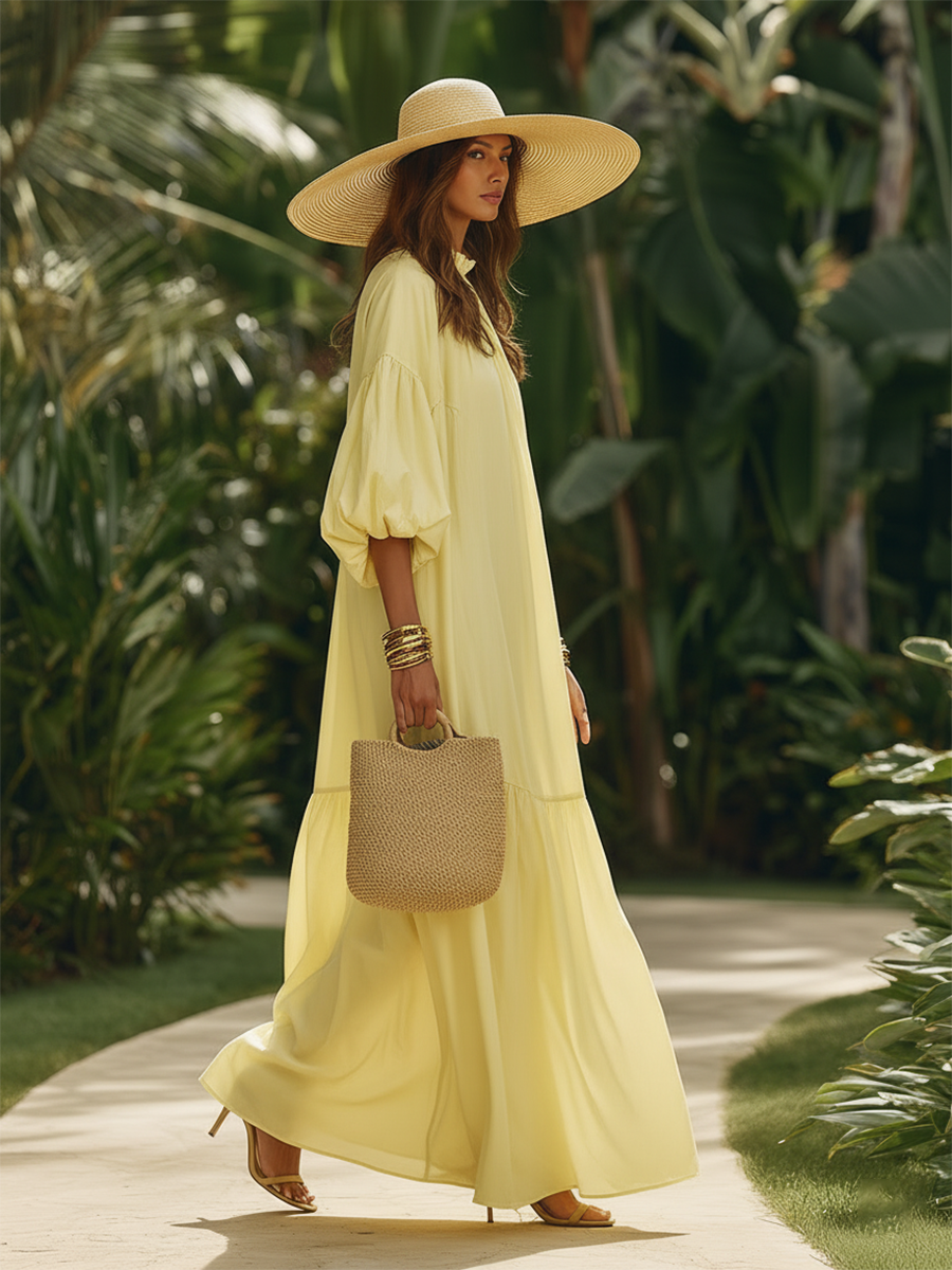 Casual Vacation Yellow Cotton Short-sleeved Maxi Dress