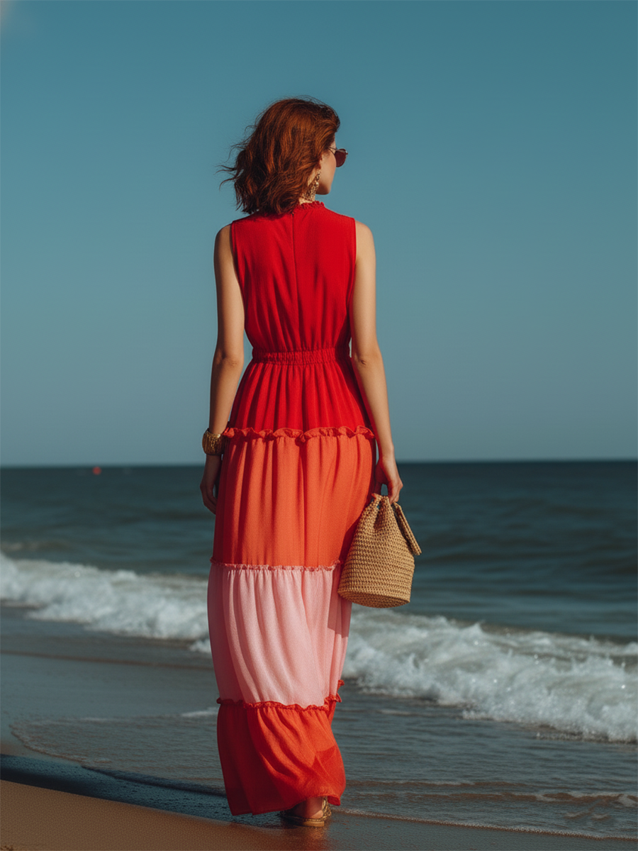 Vacation-style Sleeveless Round-neck Color-block Maxi Dress