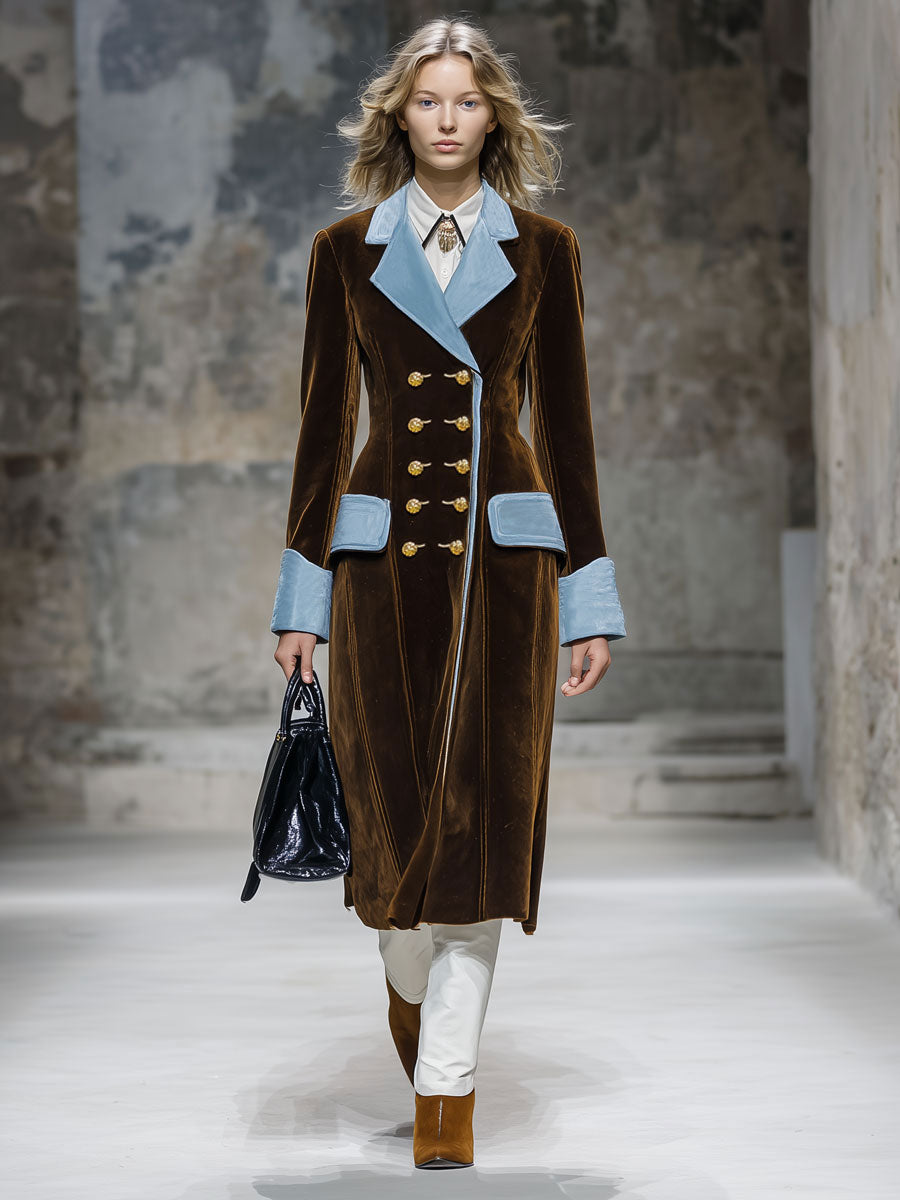 Casual Fashion Retro Blue Trim Cocoa Brown Velvet Coat