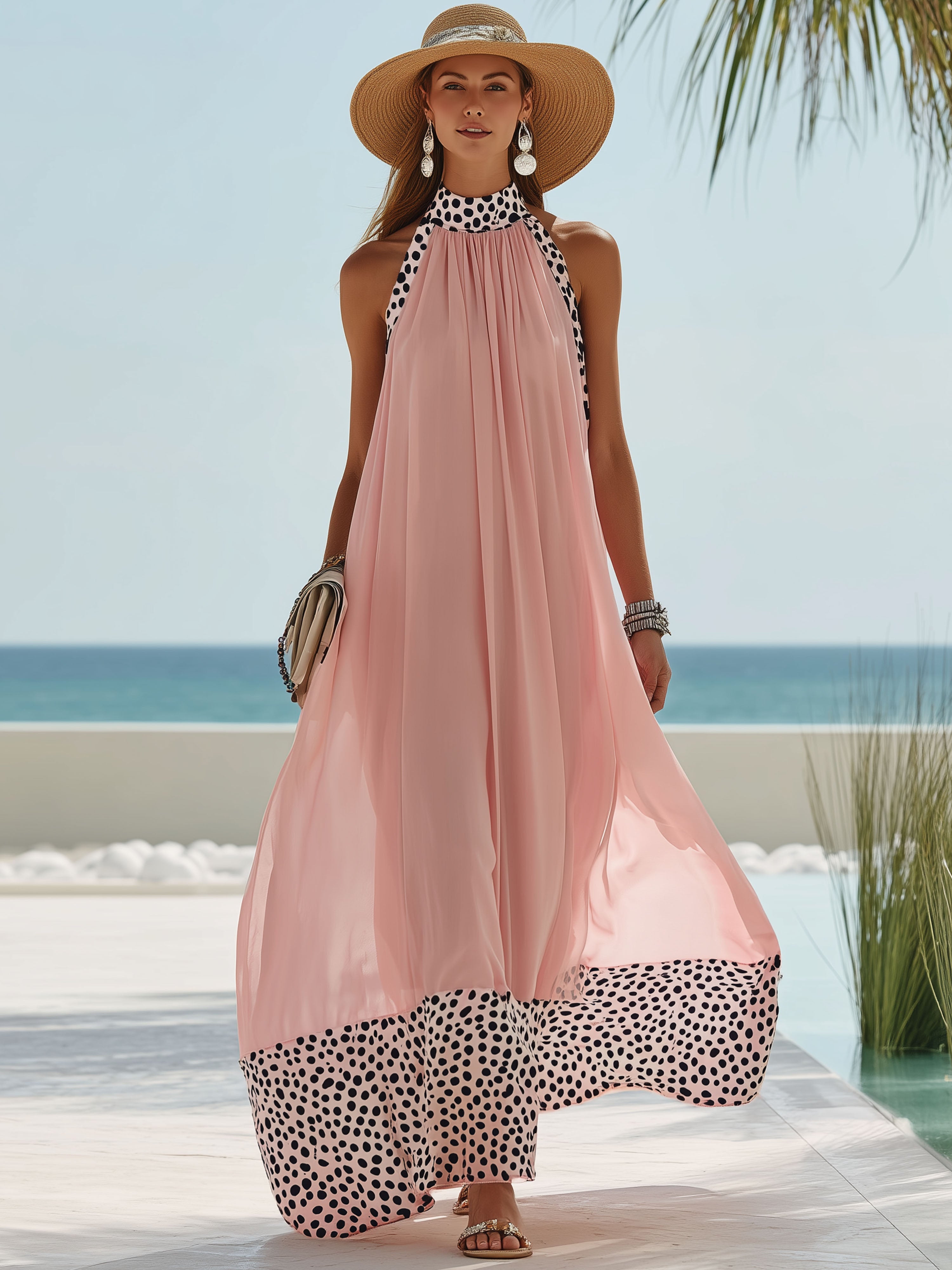 Pink Chiffon Halter Neck Patchwork Black And White Polka Dot Maxi Dress