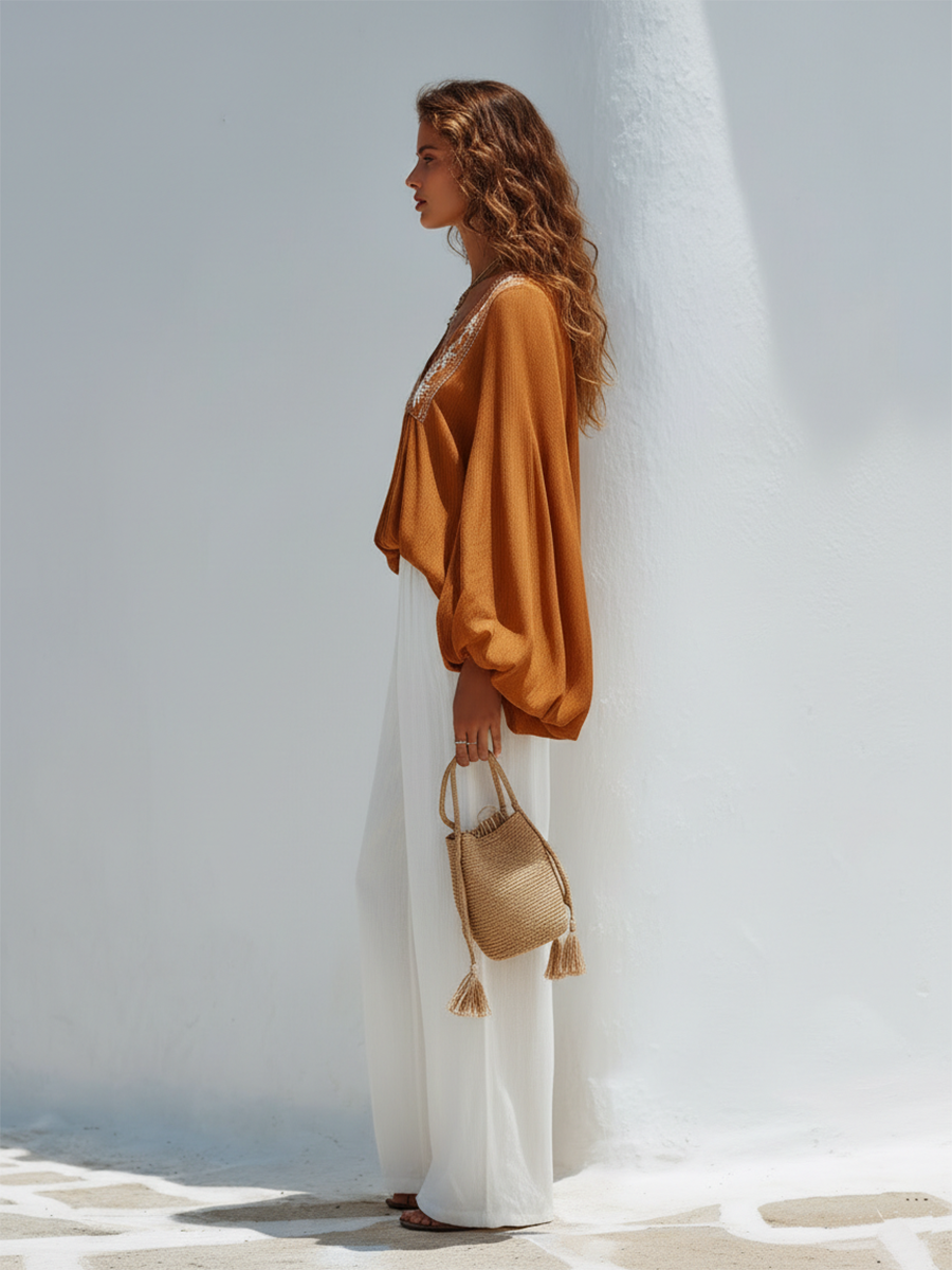 Resort Style V-Neck Embroidered Long-Sleeved Top