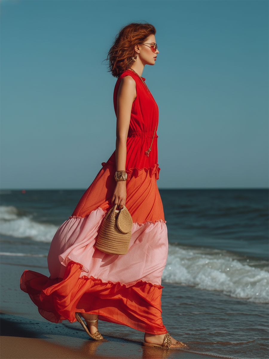 Vacation-style Sleeveless Round-neck Color-block Maxi Dress