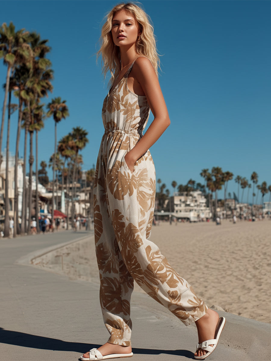 Tropical Resort Brown Palm Leaf Beige Single-Breasted Loose Sleeveless Jumpsuit