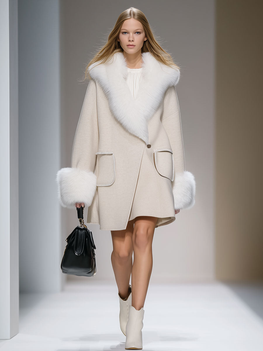 Elegant And Fashionable White Fur Collar Wool Coat