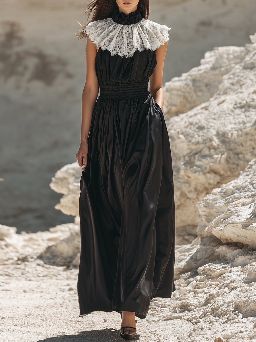 Elegant And Stylish White Lace-collared Black Satin Sleeveless Maxi Dress