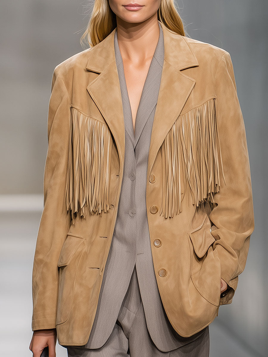 Casual Vintage Khaki Anti-suede Fringe Jacket