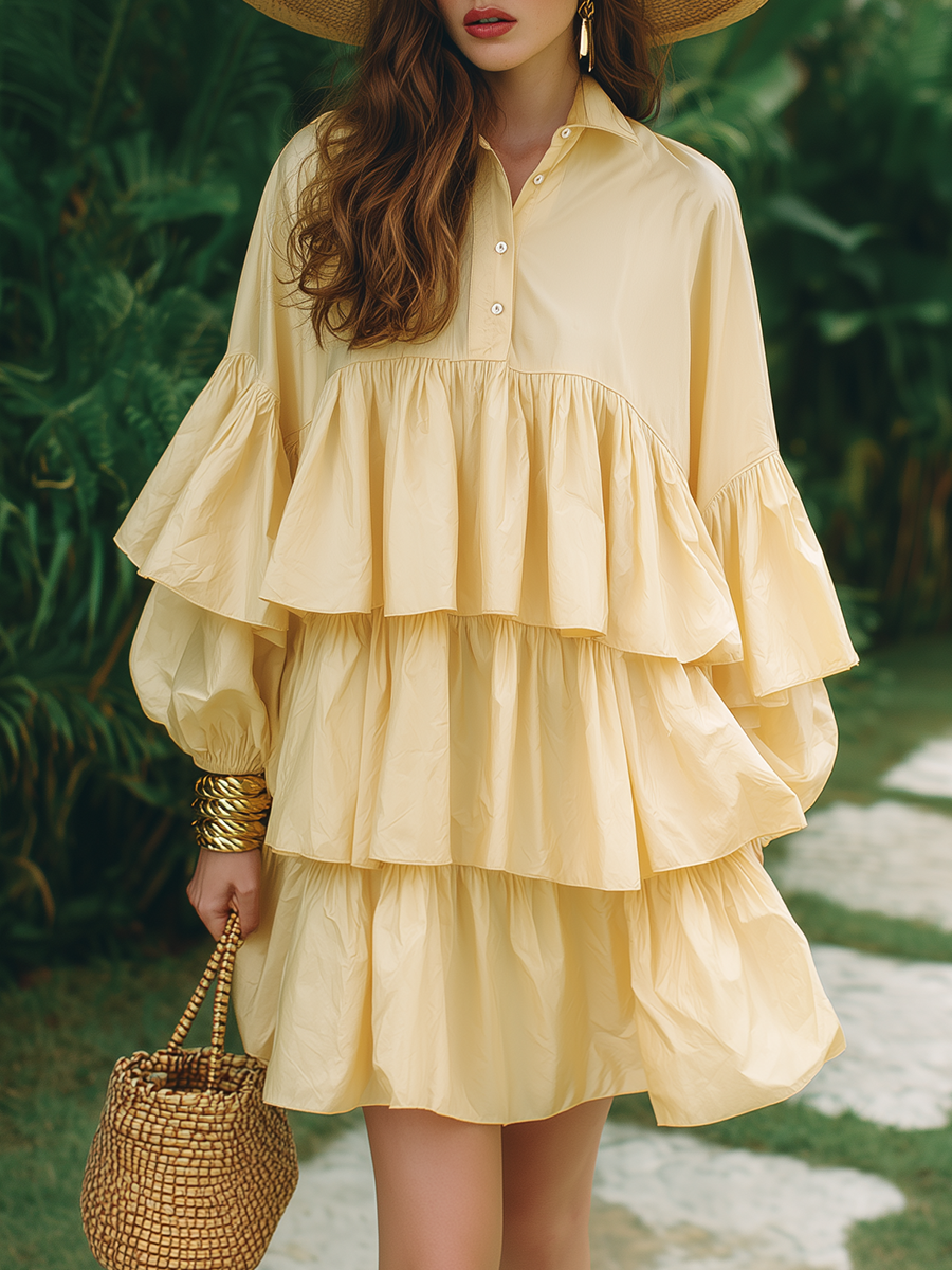 Romantic Vacation Style Ruffled Hem Yellow Cotton Long-sleeved Mini Dress