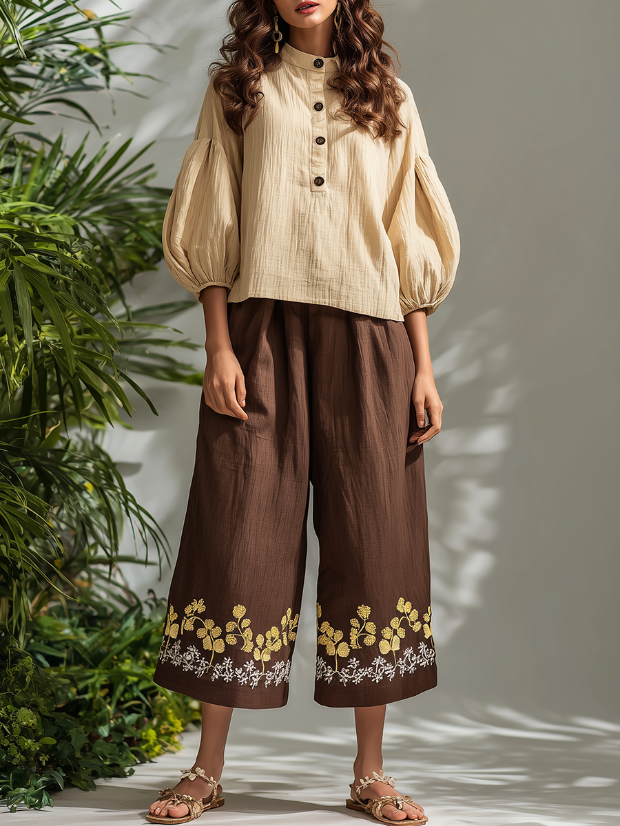 Bohemian Style Long-sleeved Embroidered Pants Set