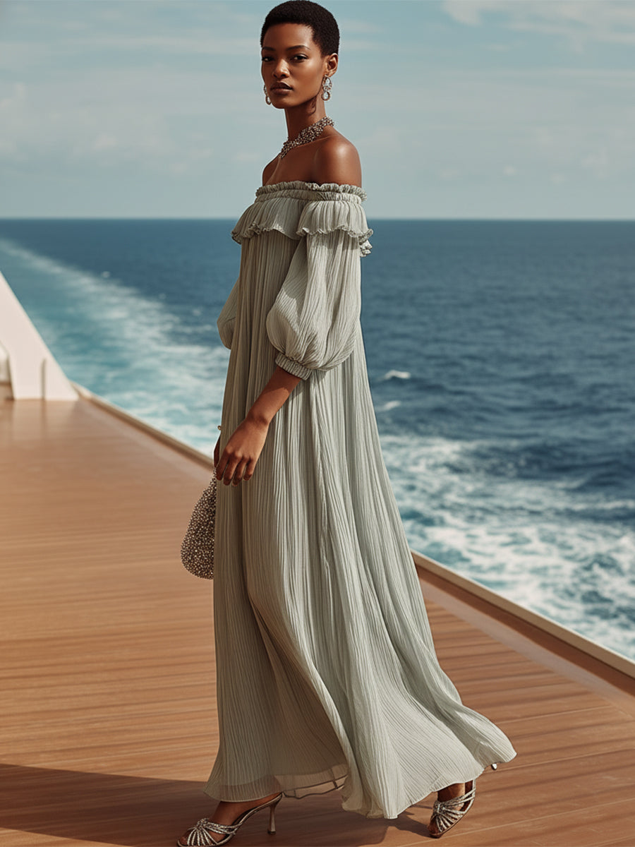 Vacation Casual Grey Crepe Chiffon Off-shoulder Maxi Dress
