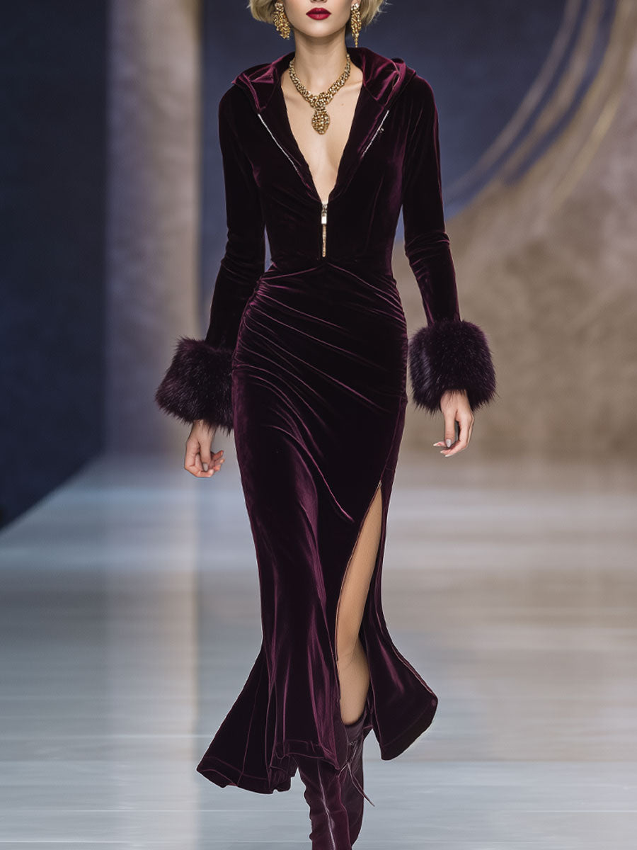Fashionable And Elegant Burgundy Velvet Stitching Eco-Friendly Fur Cuffs Hooded Slit Midi Dress