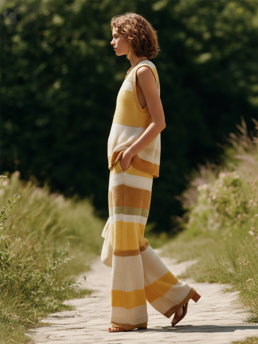 Bohemian Style Knitted Sleeveless V-neck Top And Trousers Set