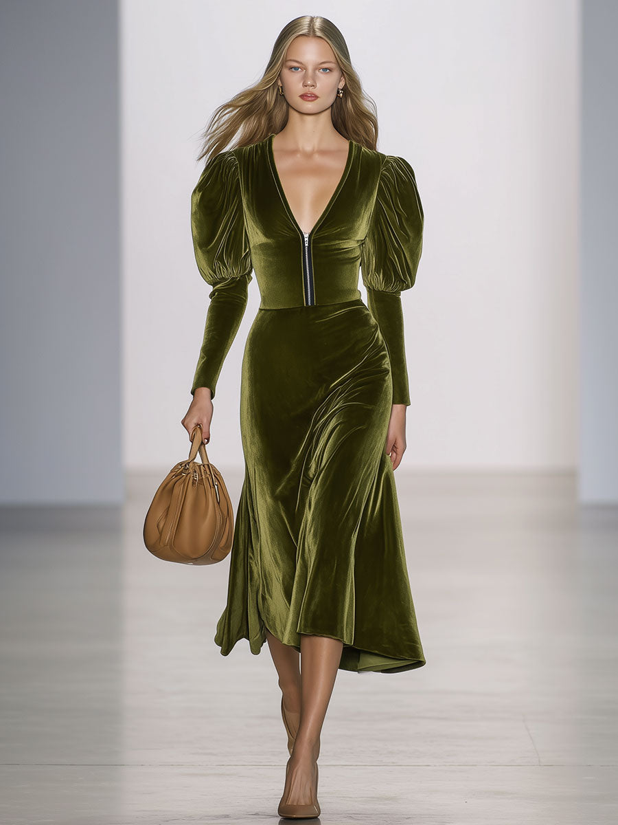 V-Neck Vintage Green Velvet Long-Sleeved Midi Dress