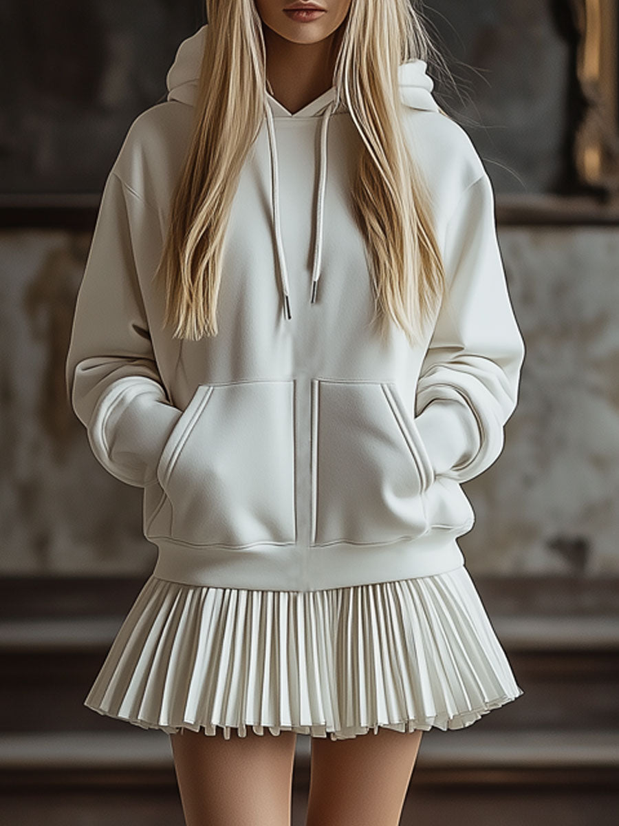 Retro Casual Sports White Hooded Sweatshirt Pleated Skirt Set