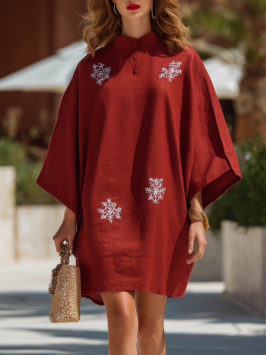 Bohemian Style Red Stand-collar Embroidered Mini Dress