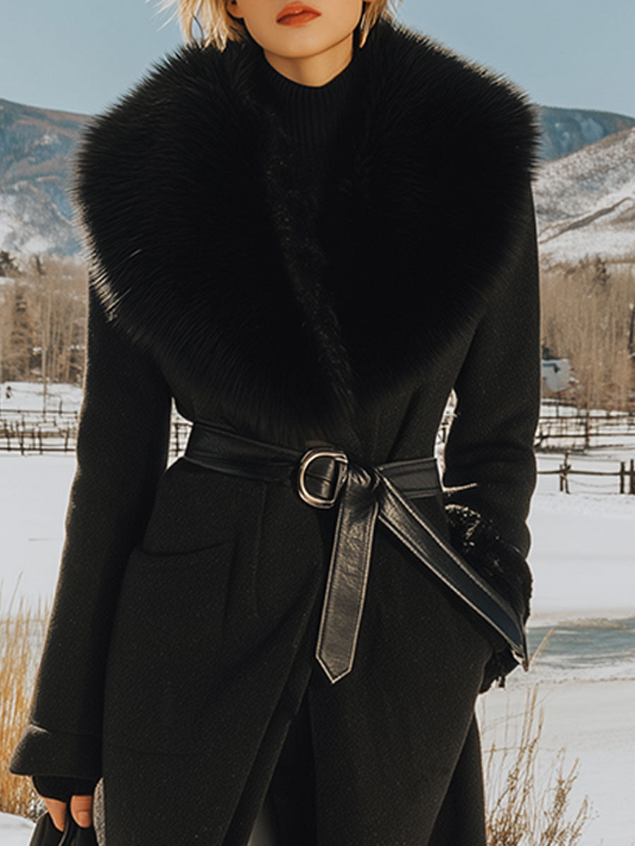 Elegant Classic Fur Collar Belt Long Black Wool Coat