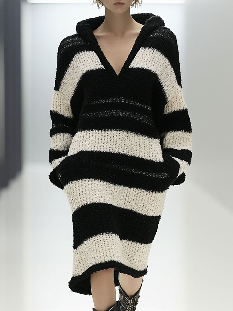 Retro Casual Loose Black And White Striped Knitted Hooded Pocket Midi Dress
