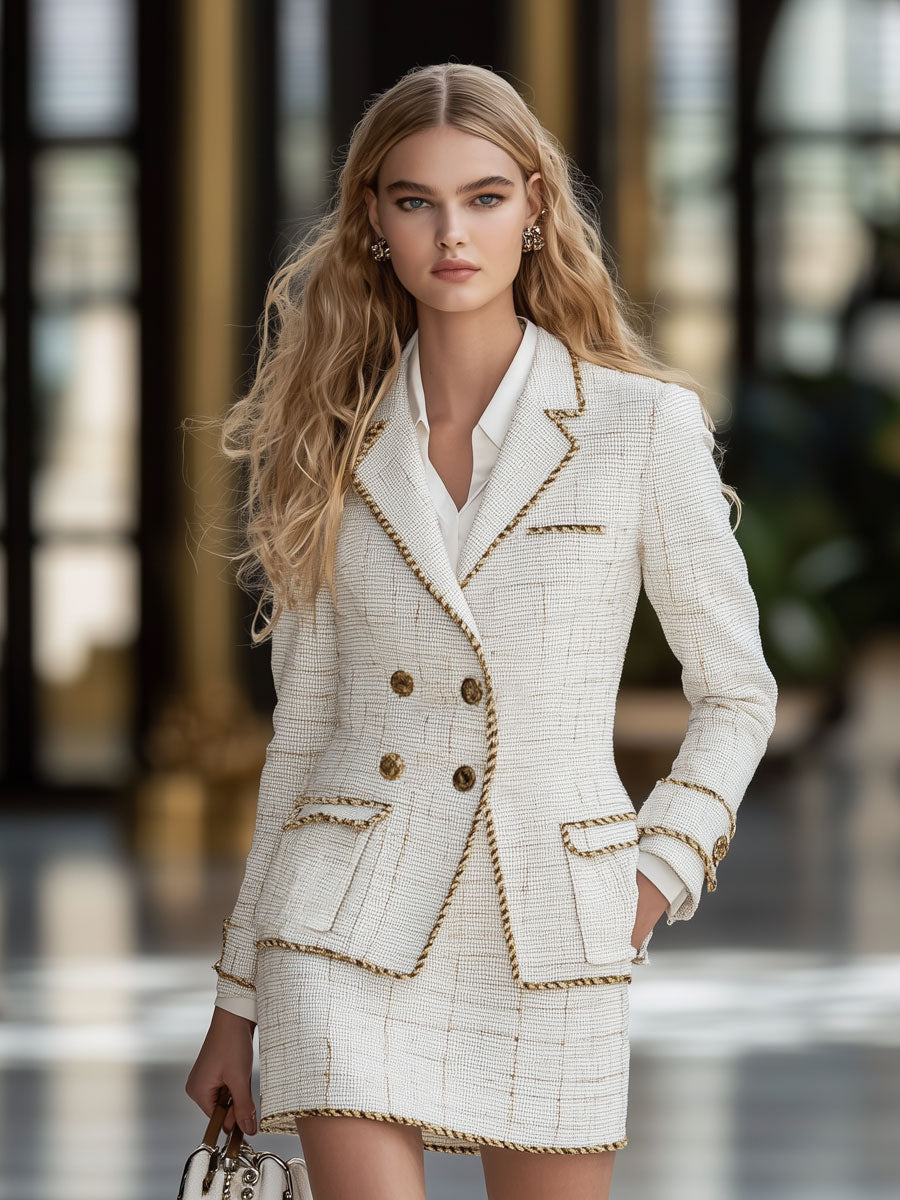 Retro Elegant Gold Trim White Tweed Suit Jacket Skirt Set