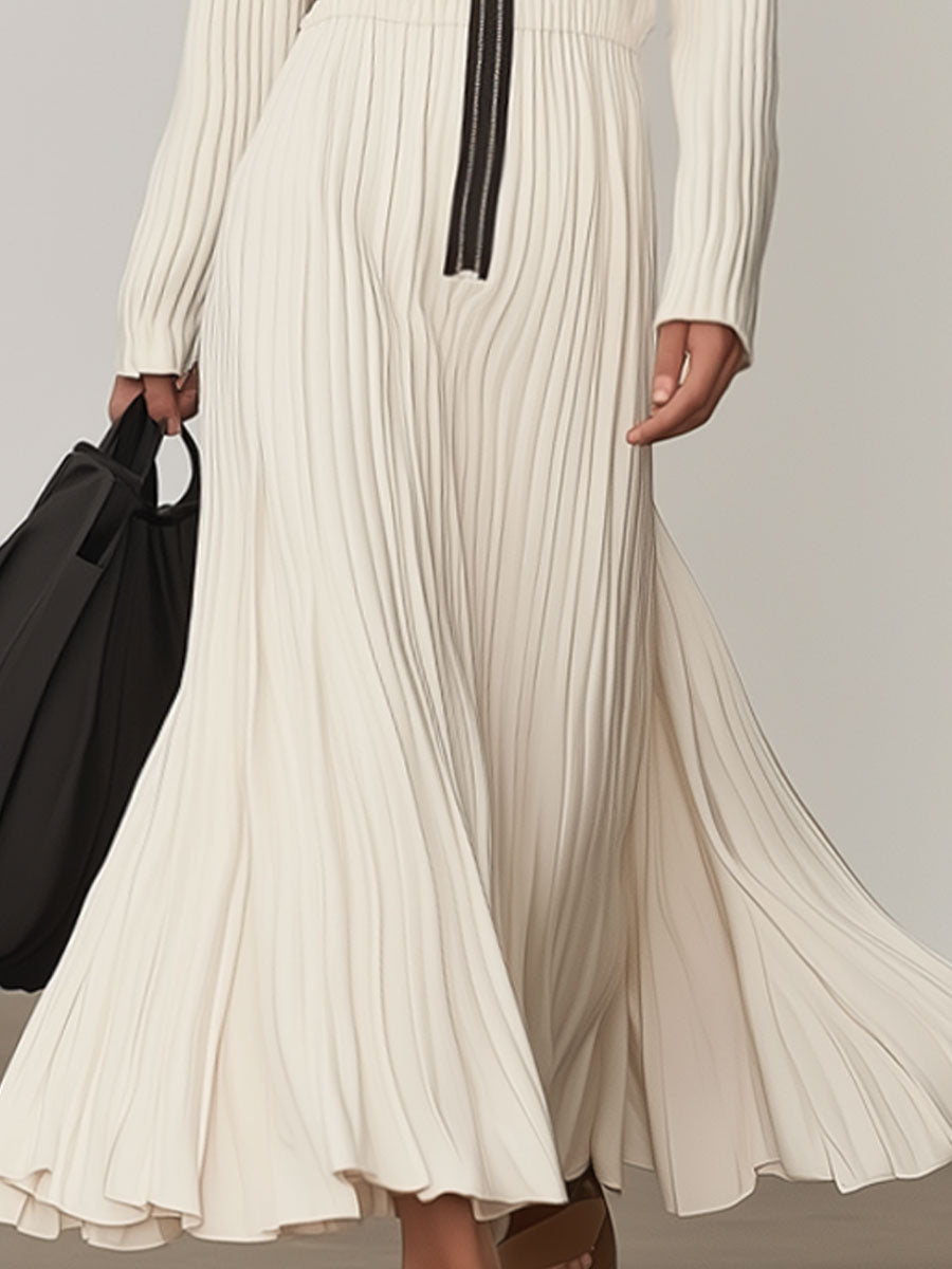 Fashionable And Casual White Knitted Lapel Long-Sleeved Maxi Dress